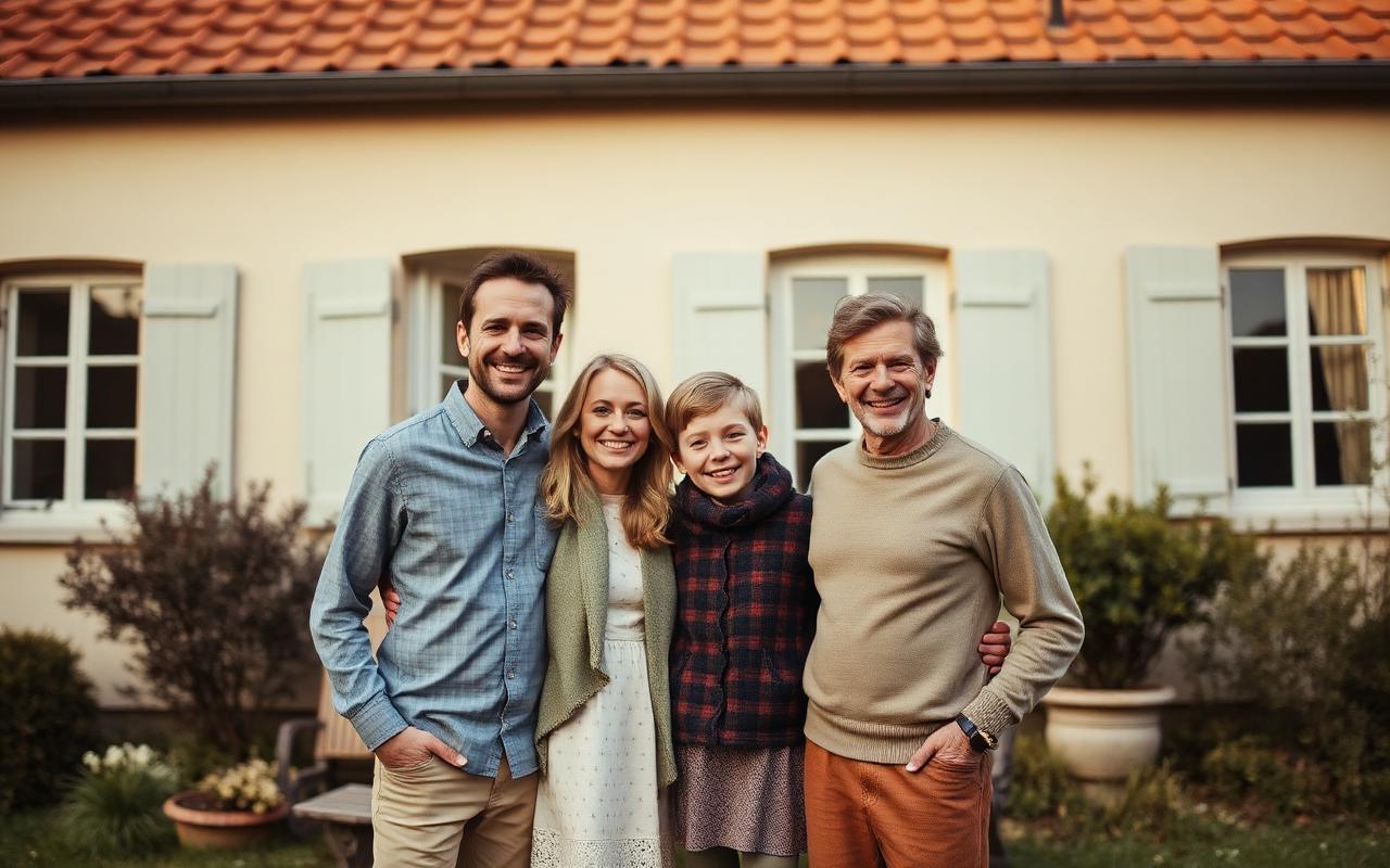 Une famille devant sa maison à vendre